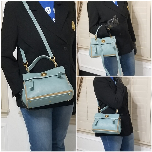 Yves SAINT LAURENT Muse Small Calfskin Canvas Two toneBlue Glacier Beige  Bag - Picture 2 of 16